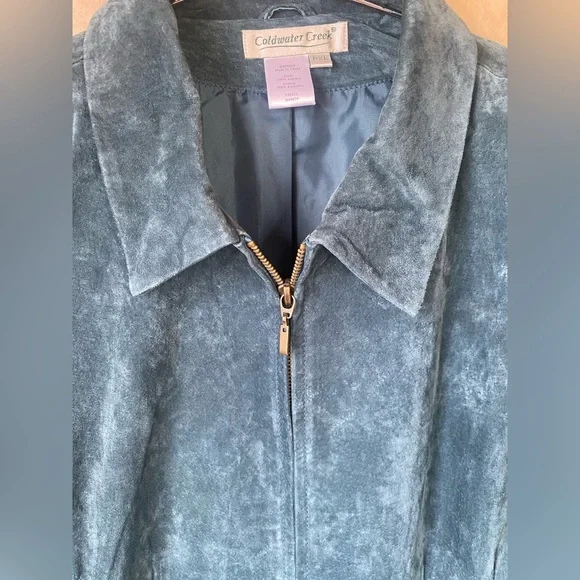 Coldwater Creek Teal Leather Suede Zip Front Jacket Cuffed Sleeves Collared PXL - Picture 7 of 7